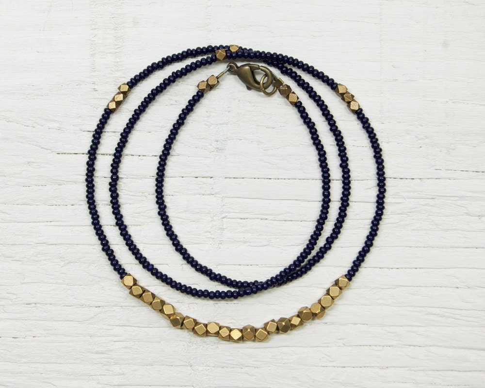 Beaded Necklace // Navy Blue and Brass // Everyday Collection