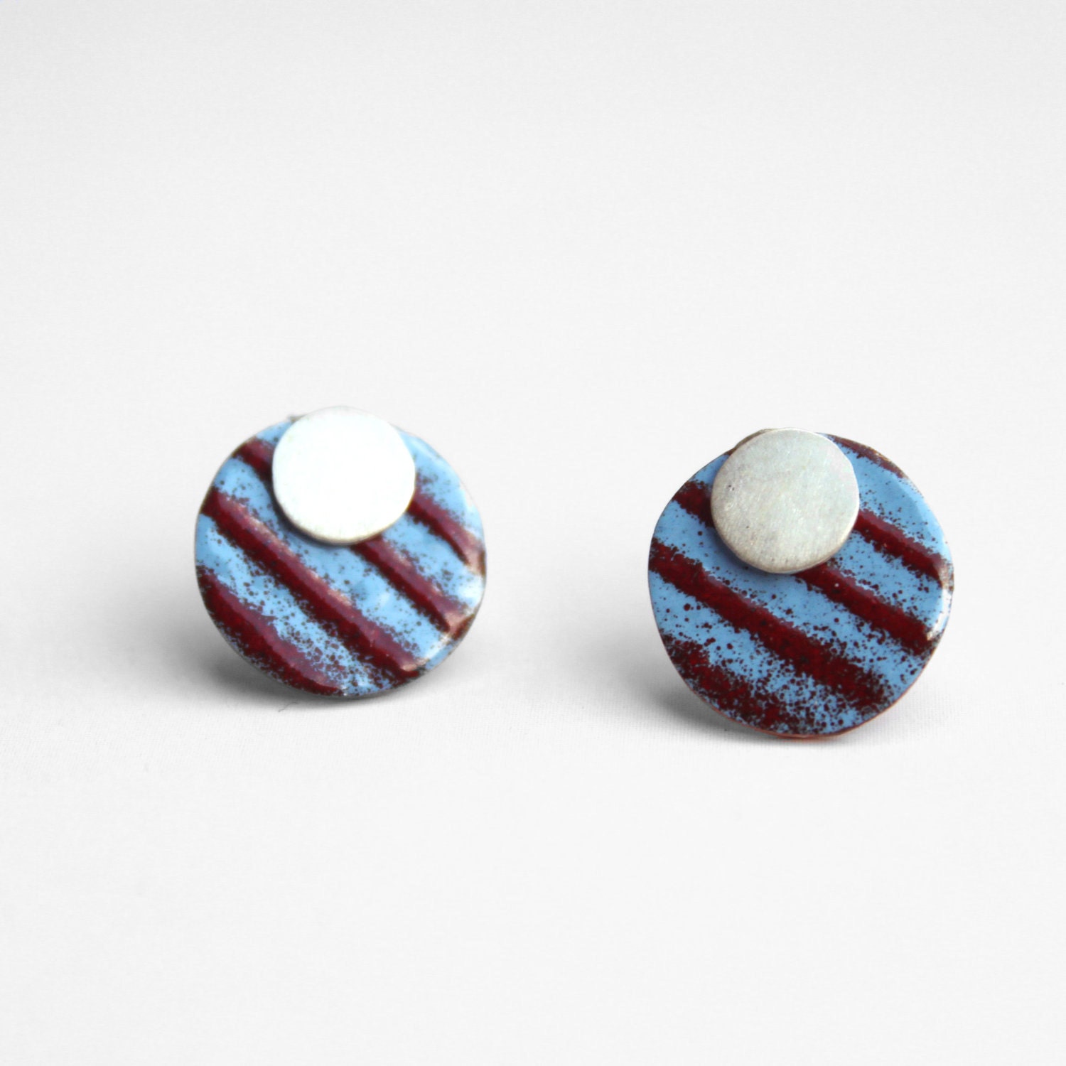 2 in 1- Blue and Red Stripes Earrings - sterling silver and copper