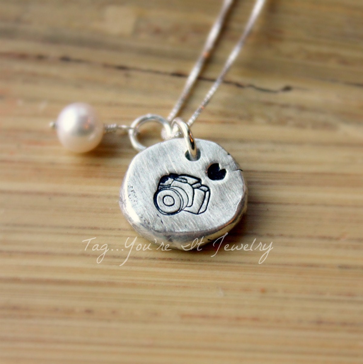 Photographer Camera Necklace Fine Silver PMC for mothers or photographer with heart and pearl