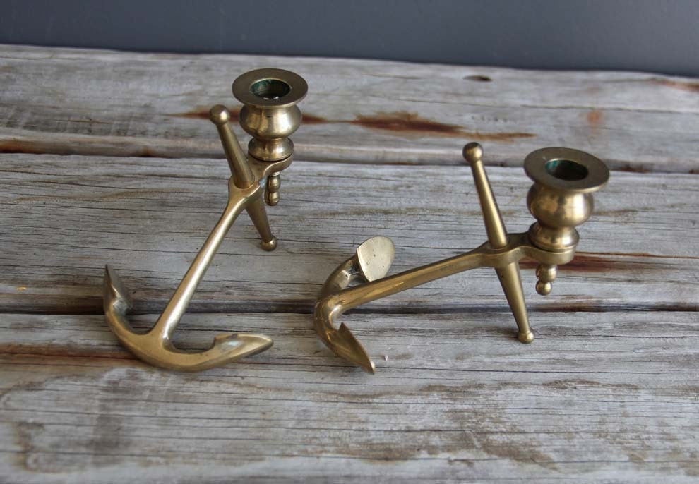 Vintage Brass Anchor Candlestick Pair. Beach House Decor