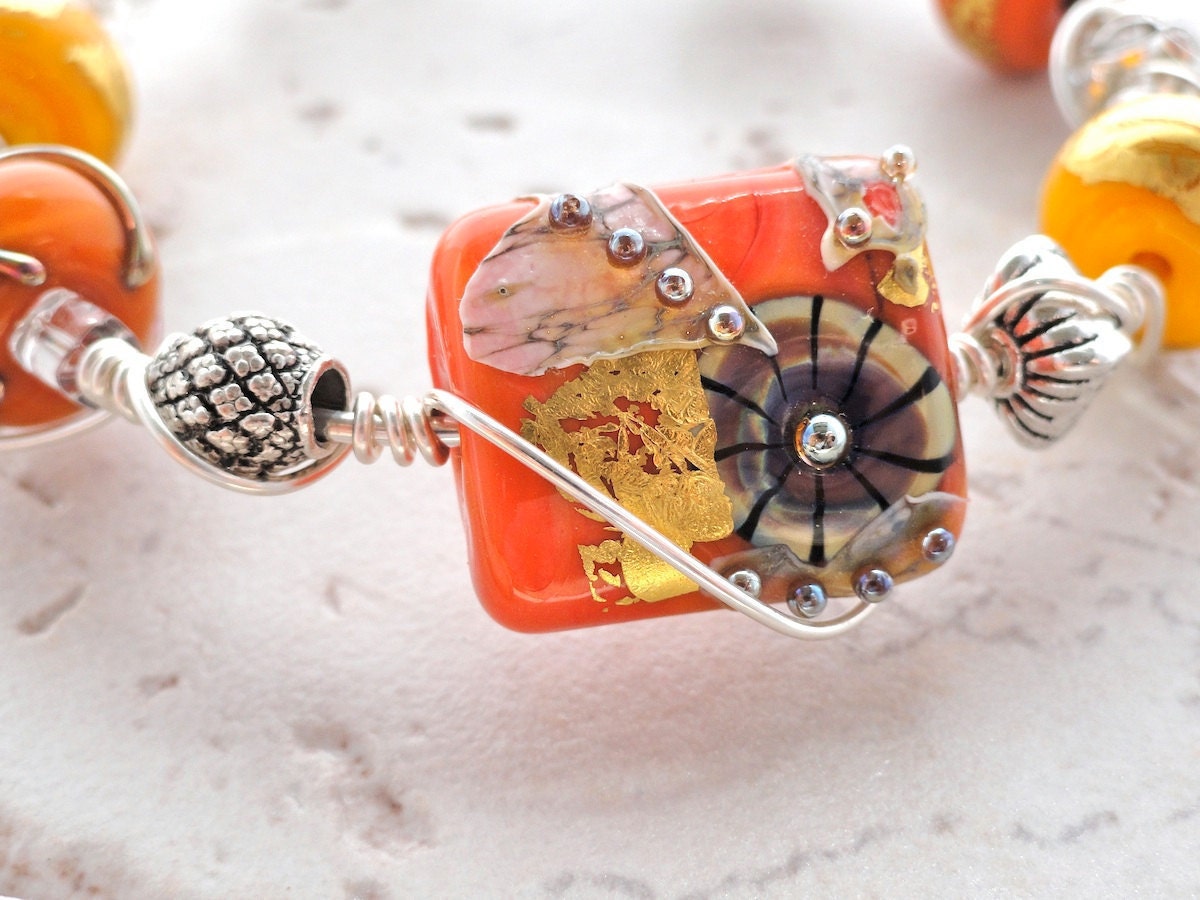 Debbie Sanders Signature Persimmon Coral Orange and Yellow Lamp work Bead  Wire Wrapped Bracelet