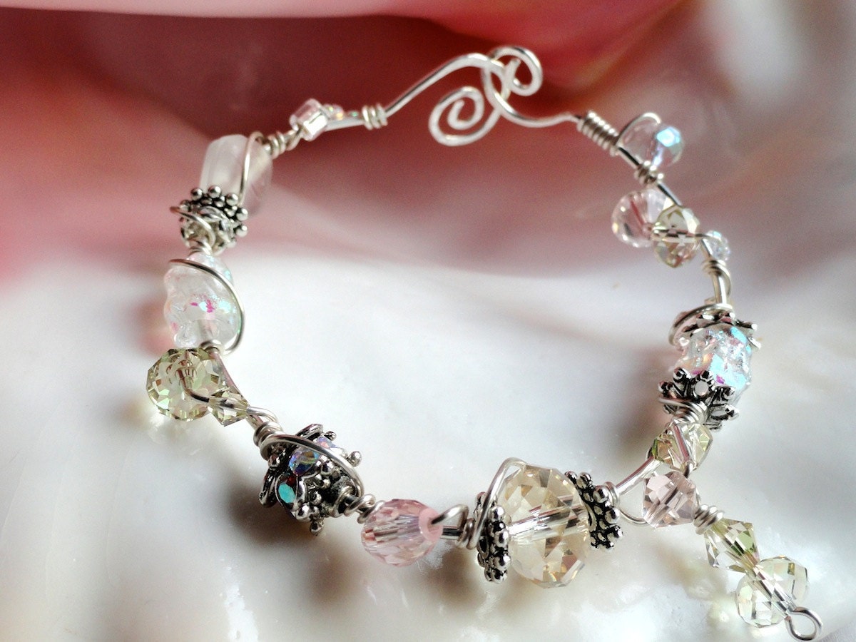 First Blush Pale Pink Green & Yellow Swarovski Crystal Dichroic Bead Wire Wrapped Bracelet