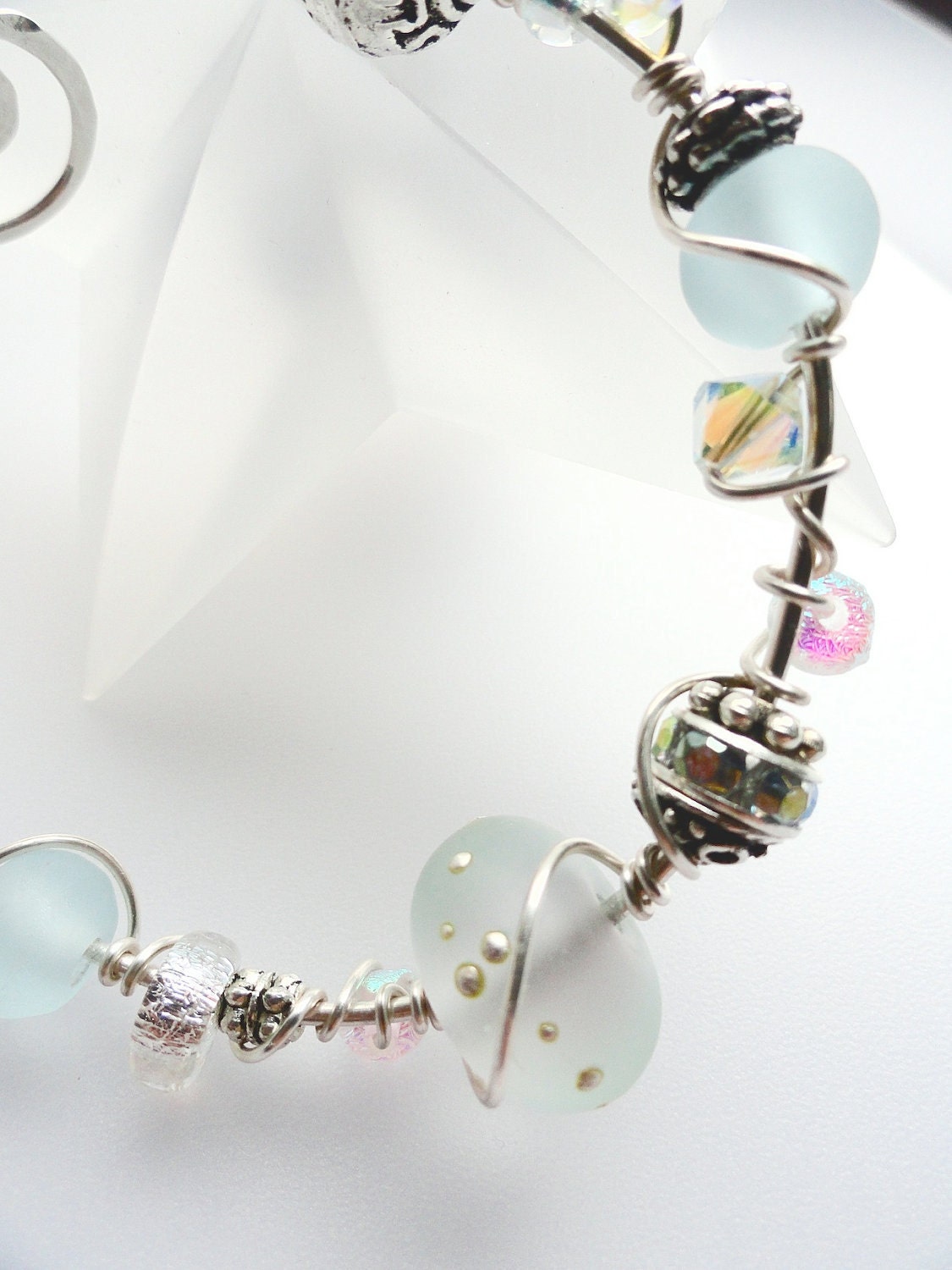 Icy Aqua Artic Blue Lampwork & Dichroic Bead Wire Wrapped Bracelet