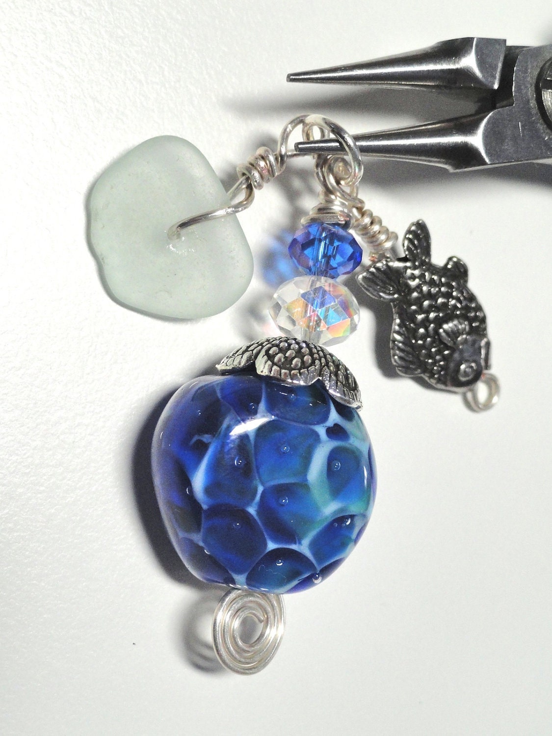 Deep Blue Sea Lamp work Bead Pewter Fish & Sea Glass Pendant