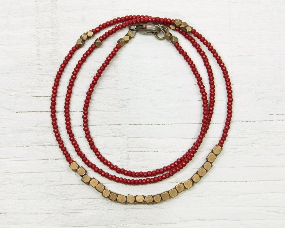 Beaded Necklace // Burgundy Red and Brass // Everyday Collection