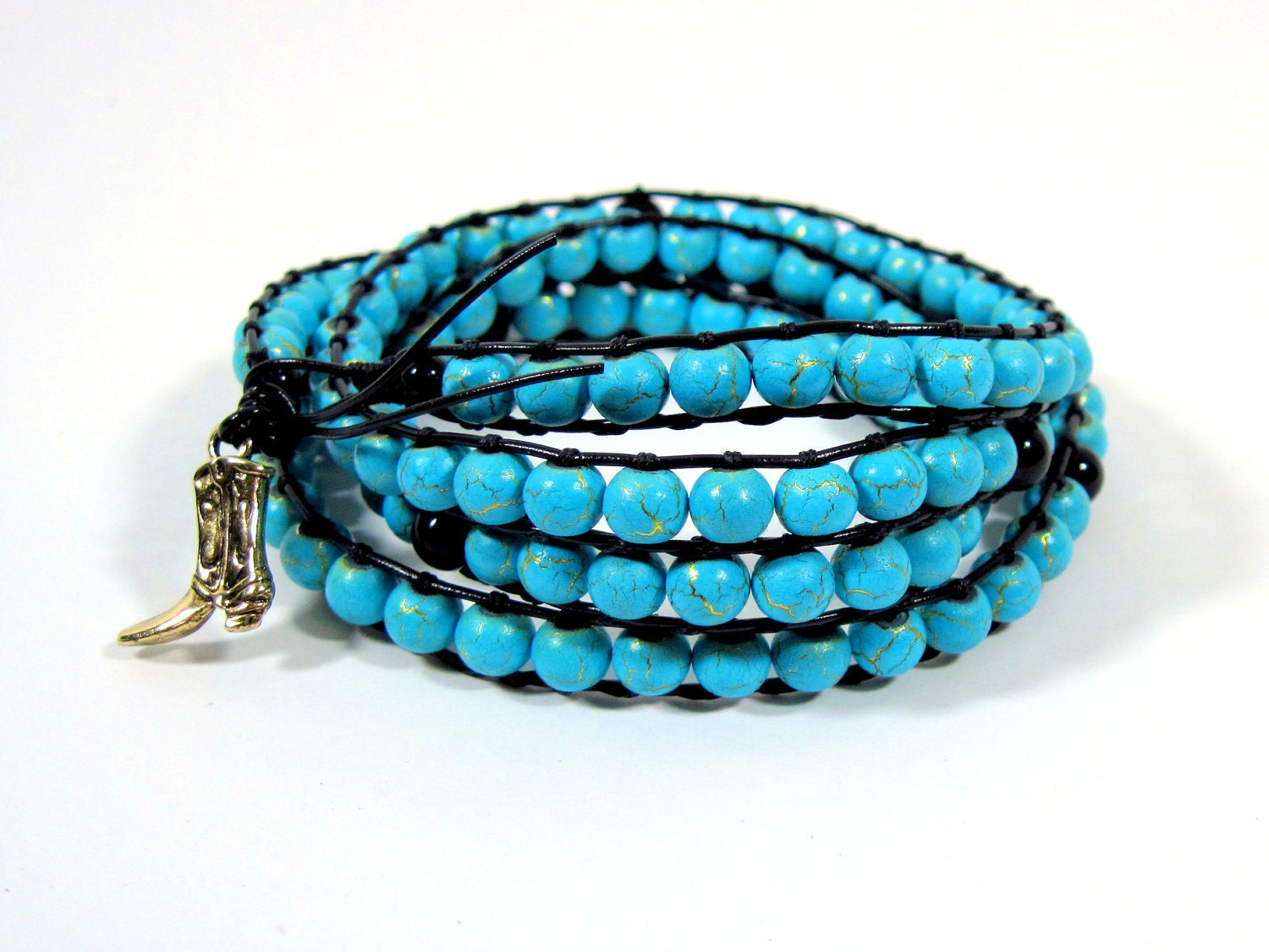 Wrapped Leather Bracelet with Gold and Turquoise Desert Sun Beads - Dakotah