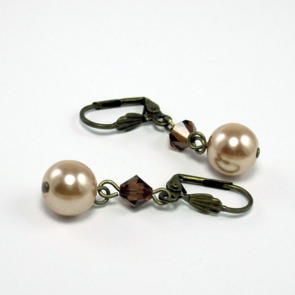 Crystal and Pearl Earrings in Champagne Blush and Dark Topaz