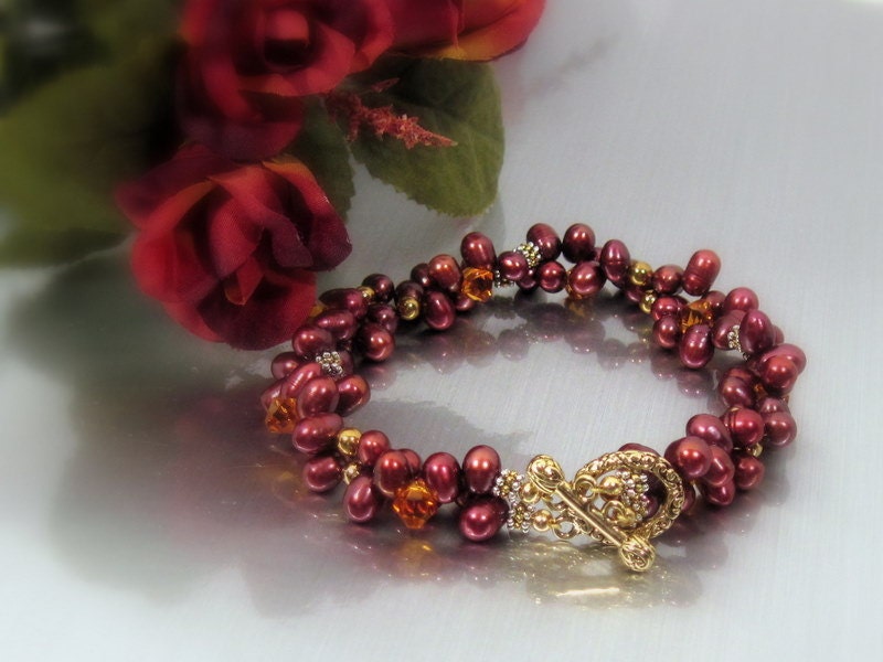 Cultured Pearl and Crystal Bracelet w Two Strands - Pomegranate and Mango