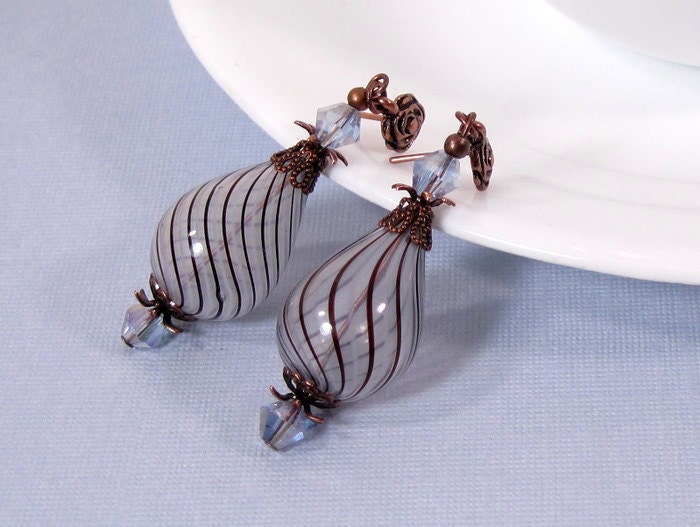 Blown Glass Earrings in Periwinkle Blue and Copper Brown
