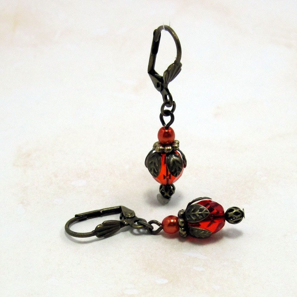 Orange Crystal and Faux Pearl Drop Earrings w Antiqued Brass - Mariposa Blooming