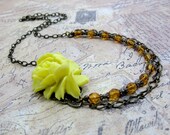 Yellow Flower w Amber Crystal Beaded Necklace - Honey and Lemon