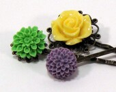 Fancy Colors Floral Hairpins in Green, Yellow, and Purple