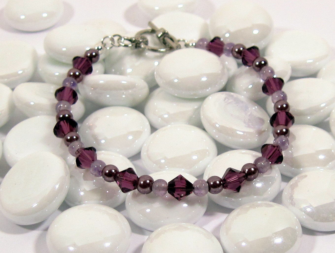 Crystal and Amethyst Bracelet with Purple Glass Pearls