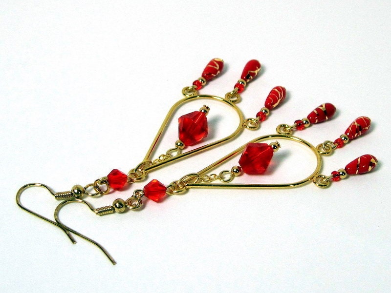 Red and Gold Chandelier Earrings - Lyubitshka