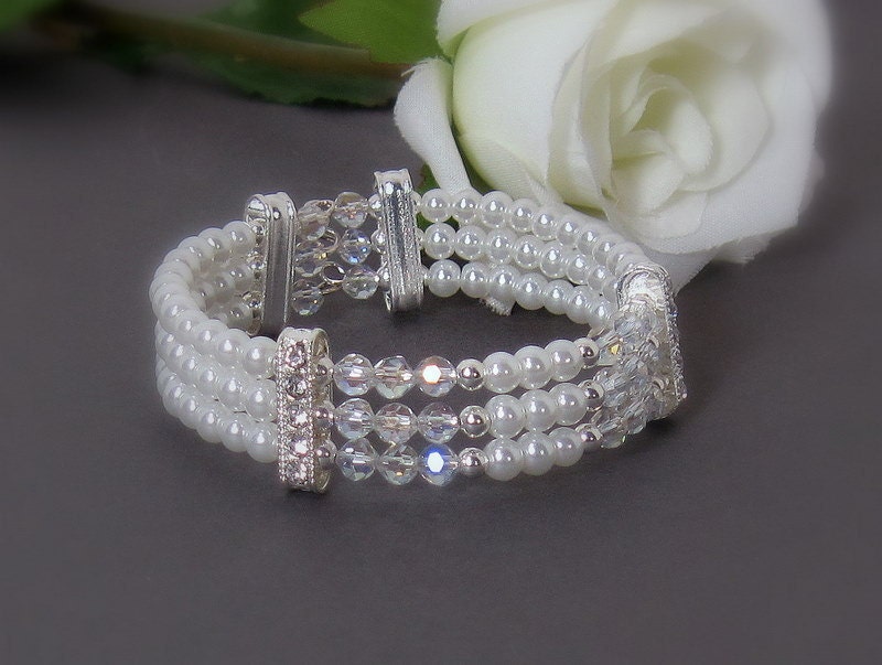 Faux Pearl and Crystal Bridal Bracelet Cuff for Your Wedding or Special Occasion