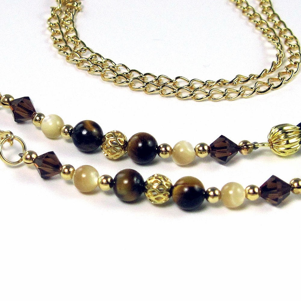 Eyeglass Holder Necklace w Tiger Eye, Mother of Pearl, in Gold