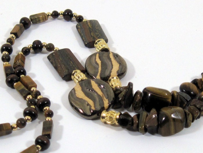 Brown and Gold Beaded Necklace  w Kazuri Beads, Tiger Eye, and Wood - River of Life