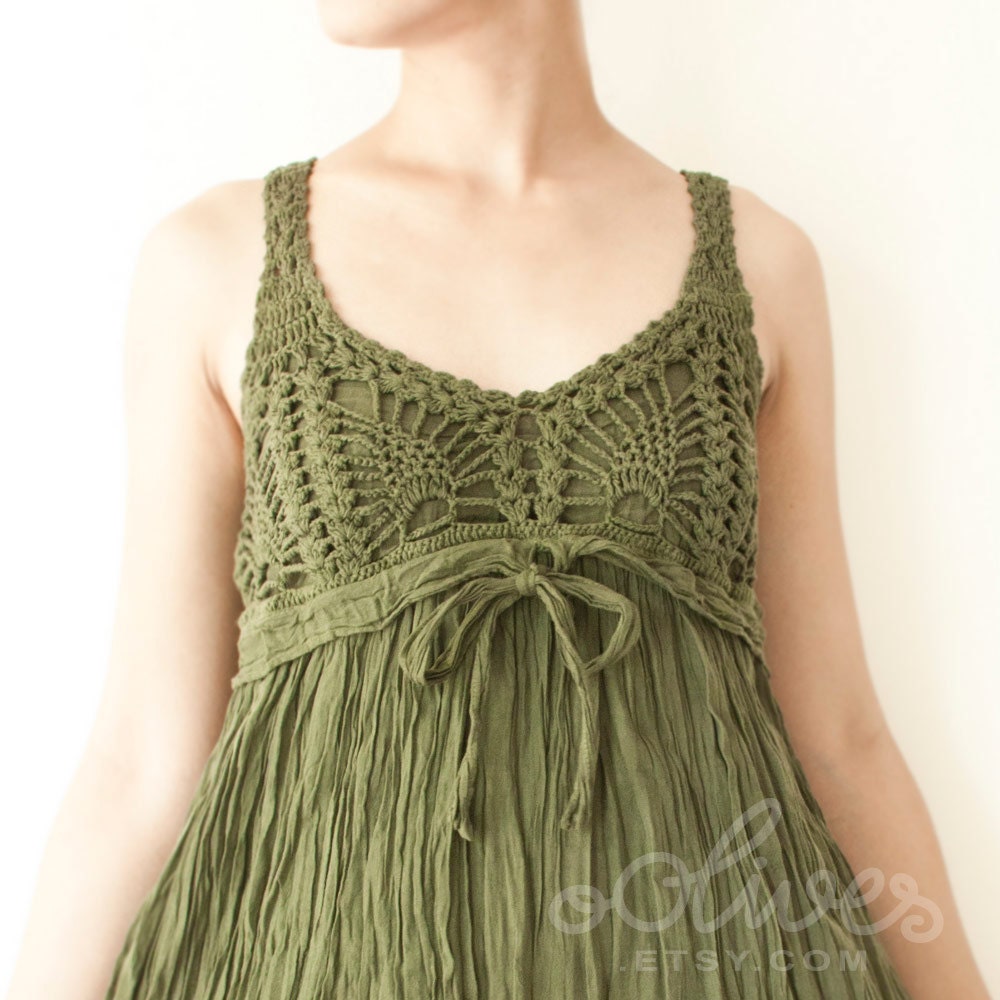 Cotton Crochet Dress in Dark Green