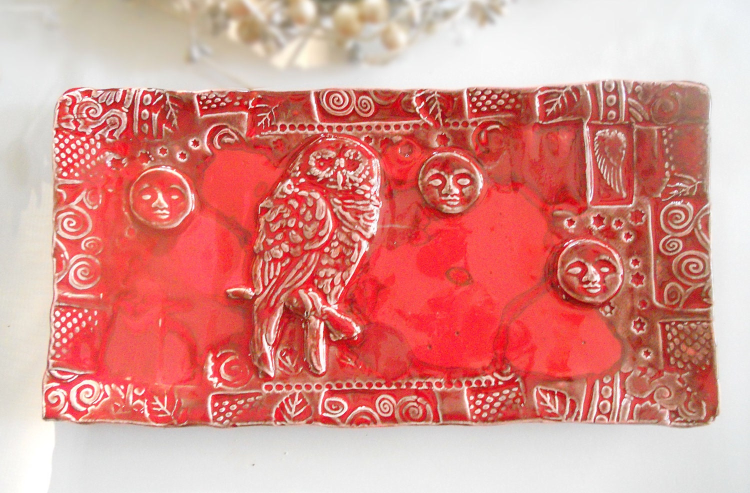 Ceramic Owl Tray w Red Glass Handmade Pottery by Island Girl Pottery