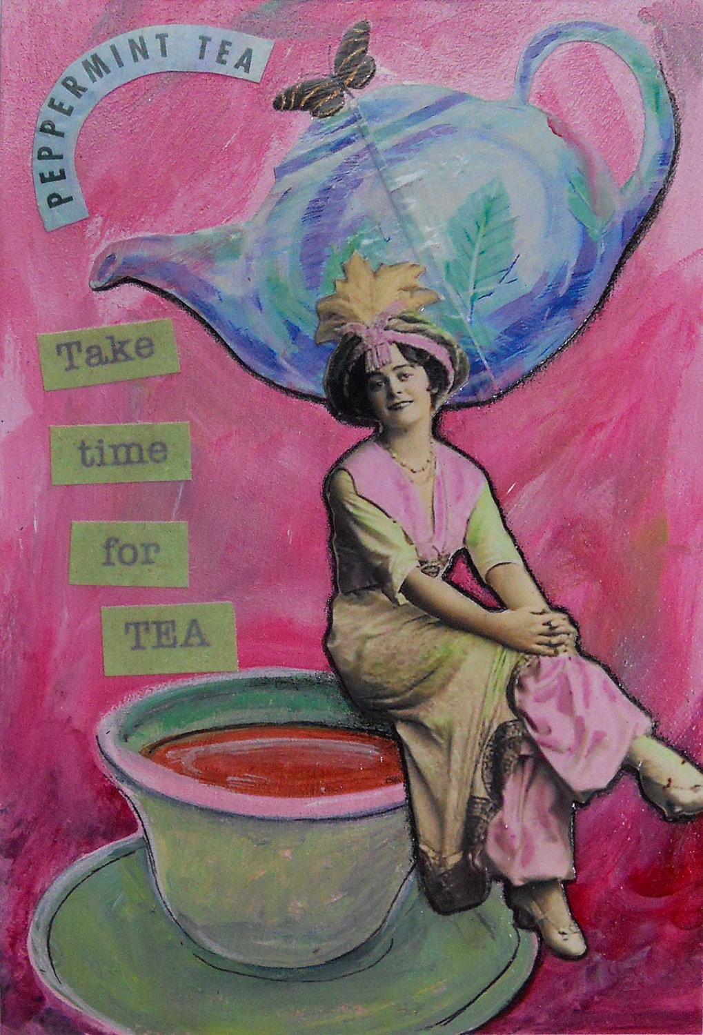 Postcard Original Mixed Media - Take Time for Tea - 4 x 6 inches - Original Collage