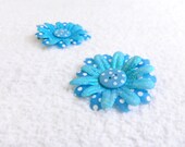 Flower Hair Clips - Blue & White Button - set of 2