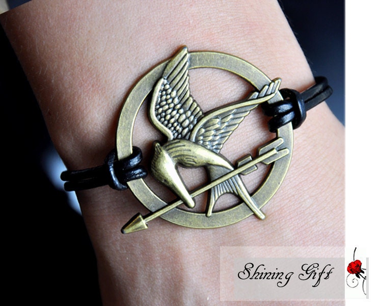 Antique Brass Hunger Games Bracelet, Real Black Leather Mockingjay Bracelet