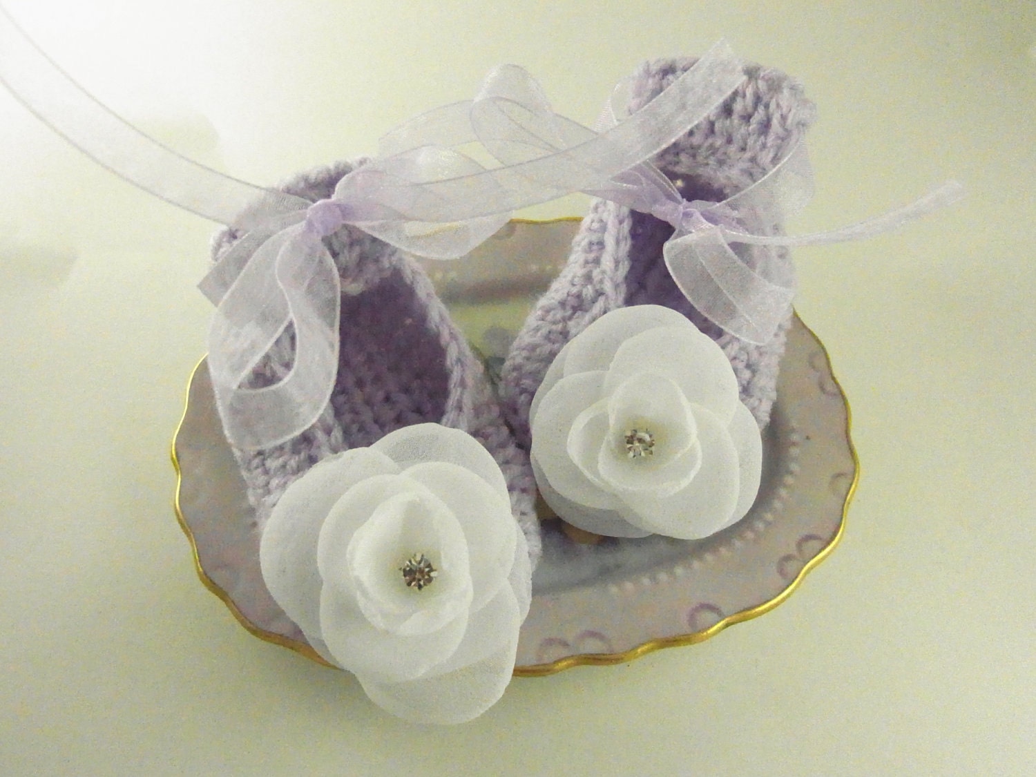 Lavender Crocheted Baby Ballerina Booties with White Rose Blossom