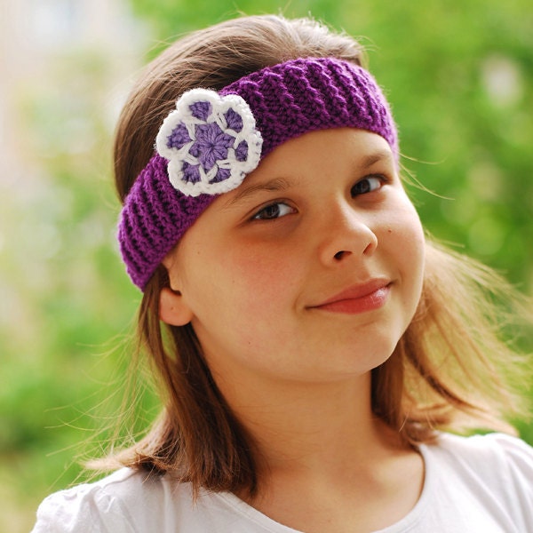 Purple FLOWER CROCHET HEADBAND Acrylic Wool Floral Spring Accessory Children Kids Girls Cozy Pink Cat