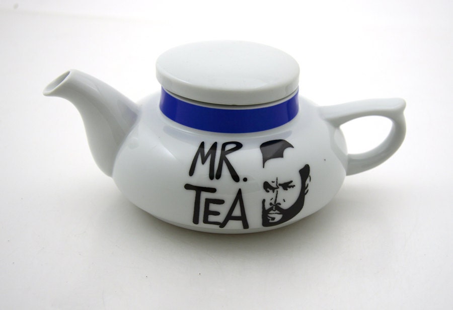 Mr T Teapot Small with cobalt blue stripe OOAK