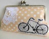 Clutch Purse Vintage Bicycle Bike and Lace on Yellow Polka Dot Linen