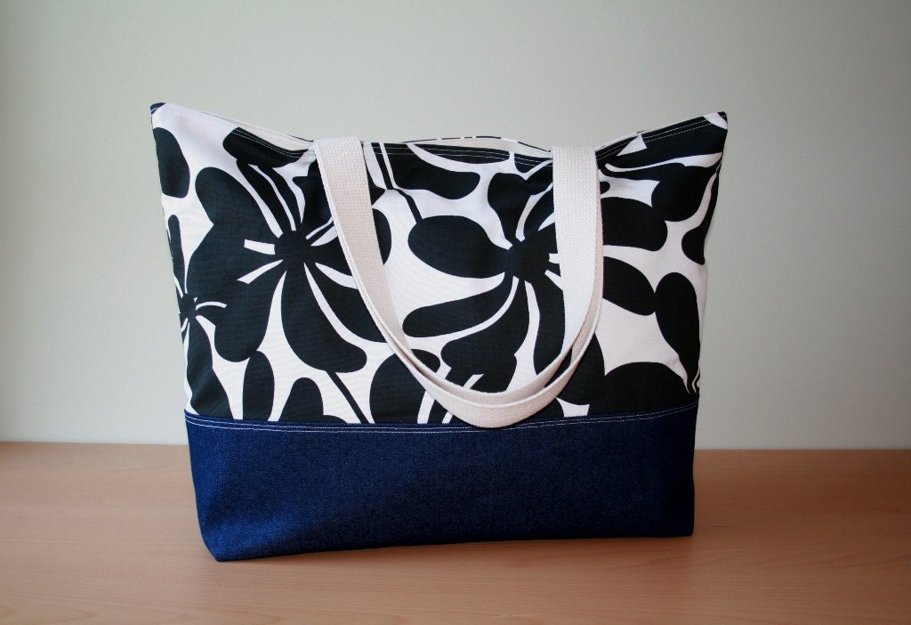 XL Beach Bag/Diaper Bag in Twirly Black and White Ready To Ship