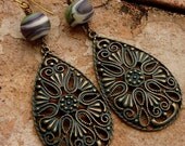 PERSIA - Handmade Etched Lampwork Beads, Ornate Antiqued Brass with Green Patina Dangles