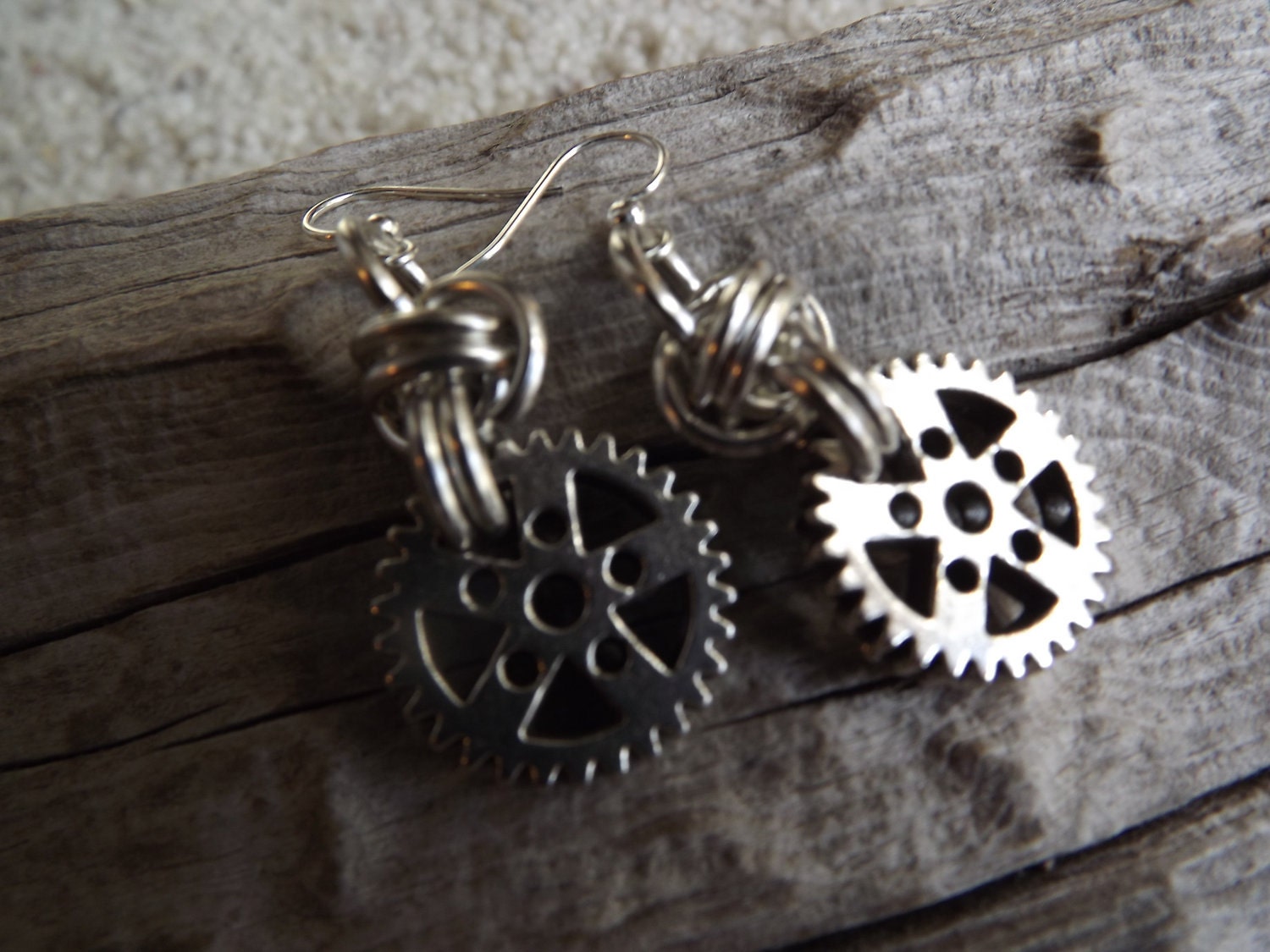 Silver Plated Gears On Chainmaile Earrings