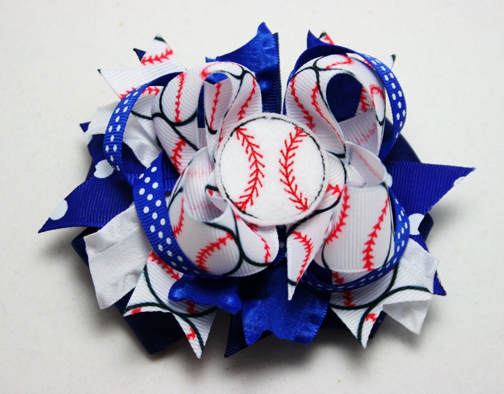 Hair Bow - Boutique -Blue and White with Felt Embroidered Baseball Center - No Slip