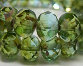 Green - Peridot - Aqua Picasso Rondelles, 6x8mm (12 each) Czech Glass Faceted Bead, picasso czech glass rounds