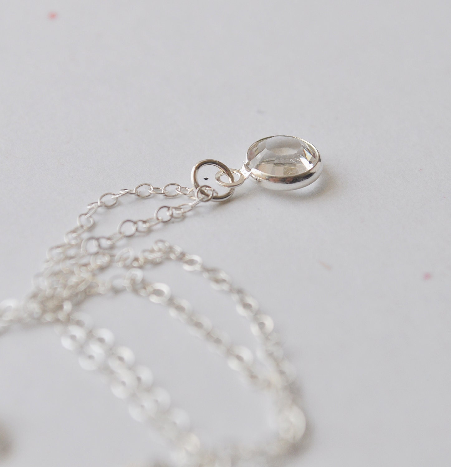 Tiny Drop Pebble Necklace - clear swarovski crystal sterling silver round gem dainty - simple everyday jewelry - adencreations