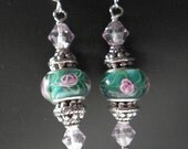 30% CEARANCe SALe and FREe SHIPPING Teal green pink flower Lampwork earrings PE008 handmade