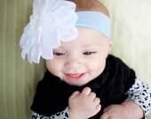 Baby Blue Nylon Headband Size 2.5" with Large White Dahlia