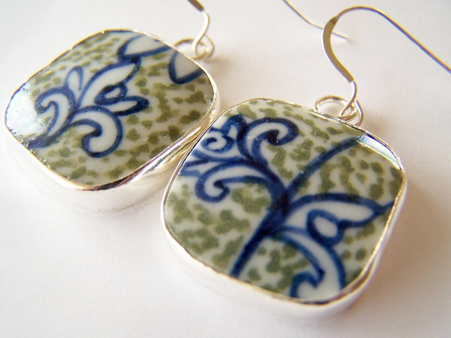 Olive Green & Blue Pattern Pottery Shard Earrings - Olivia - Ming Porcelain on Sterling Silver Fishh