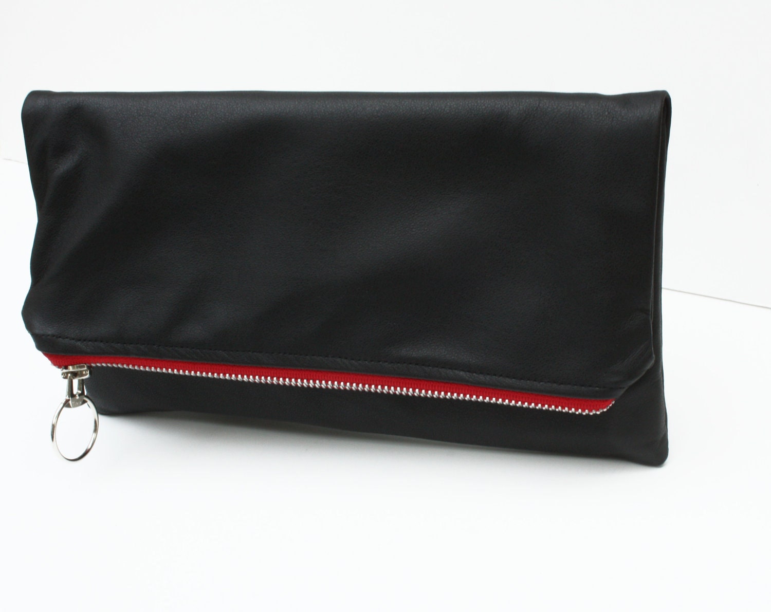 Black Leather Clutch - Fold over clutch with zipper color of your choice (CUSTOM ORDER)
