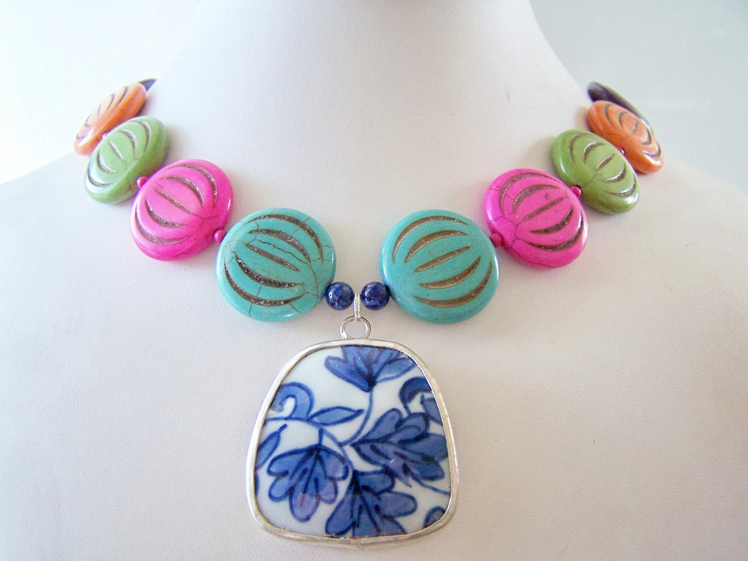 Colorful Statement Necklace - Pottery Shard Necklace - Colores - Multicolor Beads with Blue & White 