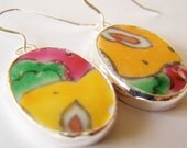 Abstract Design Pottery Shard Earrings - Abstraction - Yellow, Pink & Green Painted Porcelain on Ste