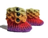 Crochet Crocodile 3-6 Month Baby Girl Slipper Booties in Rainbow Colors, Ready To Ship