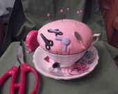 A Gift for a Hairdresser- Pink Pincushion beautifully handmade and decorated in a Floral Paragon cup and saucer- DR