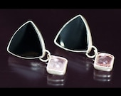 Silver Earrings with Onyx with Pink Tourmaline Gemstones