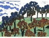 LINOCUT PRINT - Eighteen Trees on the Hill