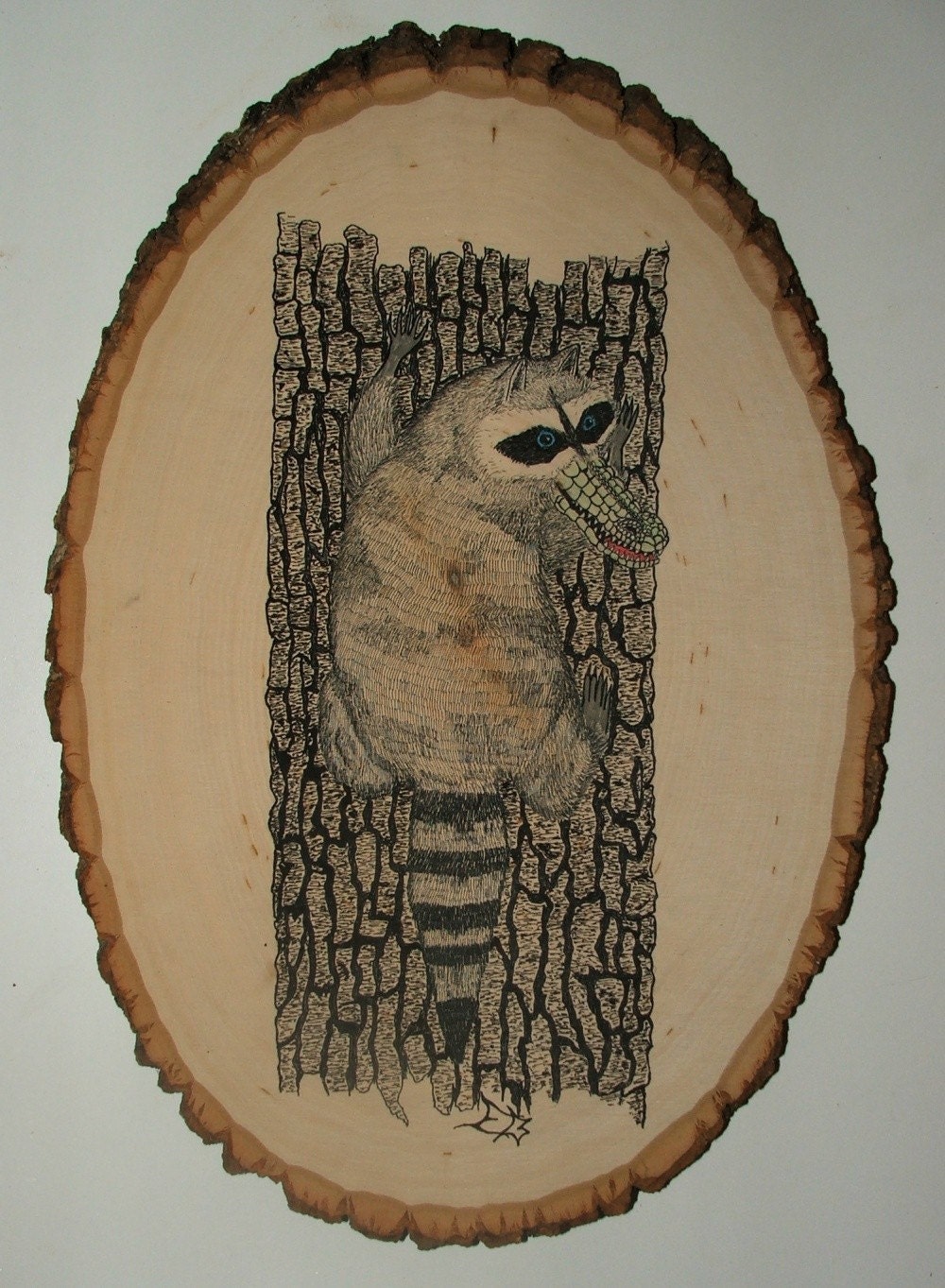 Raccoonigator Wood Plaque Drawing