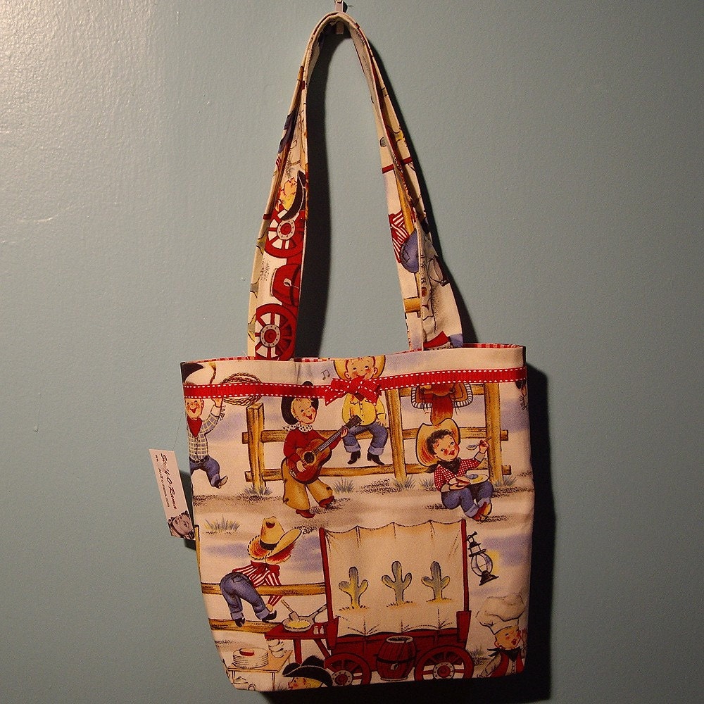 SMALL TOTE BAG Li'l Cowpokes Print Purse Handbag off white gingham