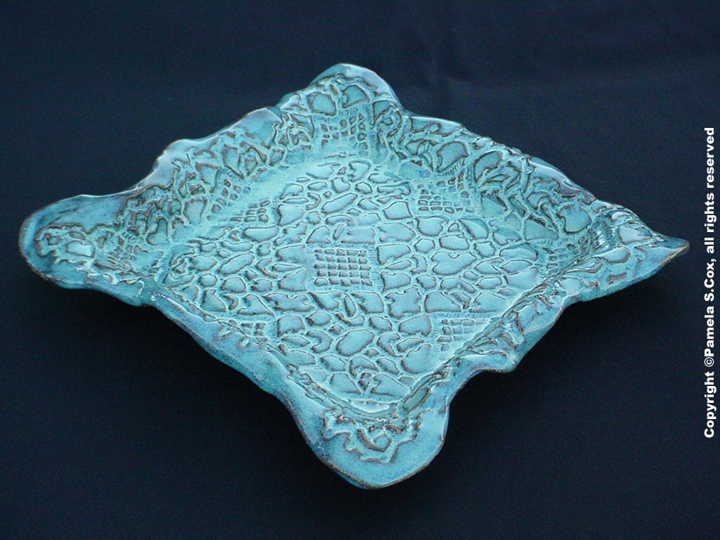 Stoneware Pottery Dish Blue Lace Impressed