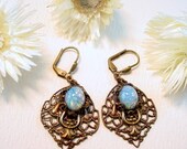 Opal Glass Earrings - Blue Harlequin Glass and Brass